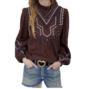ZARA Cotton Embroidered Blouse Shirt Brown Western Boho Keyhole